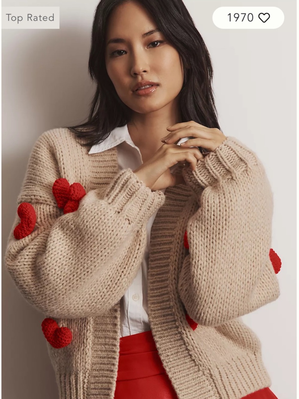 Rare‼️NWOT Maeve Anthropologie Tan Cardigan Sweater with 3D Knit Red Hearts